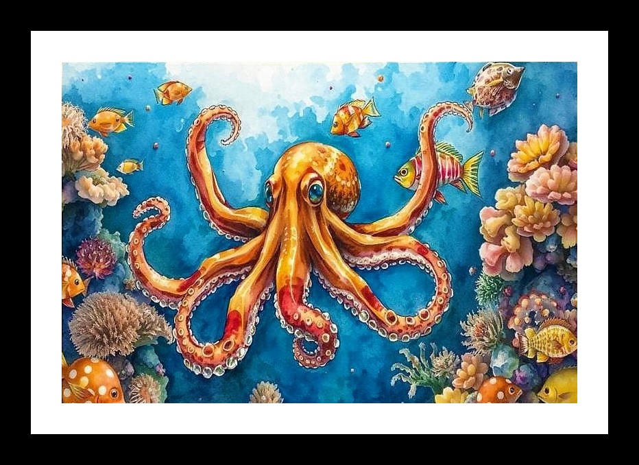 Ocean Octopus Watercolor: Stunning Deep Sea Art Wall Art, Interior Accents, Framing Solutions, Residential/Commercial Decor, Premium Gifts | Size: 8 x 12 inches