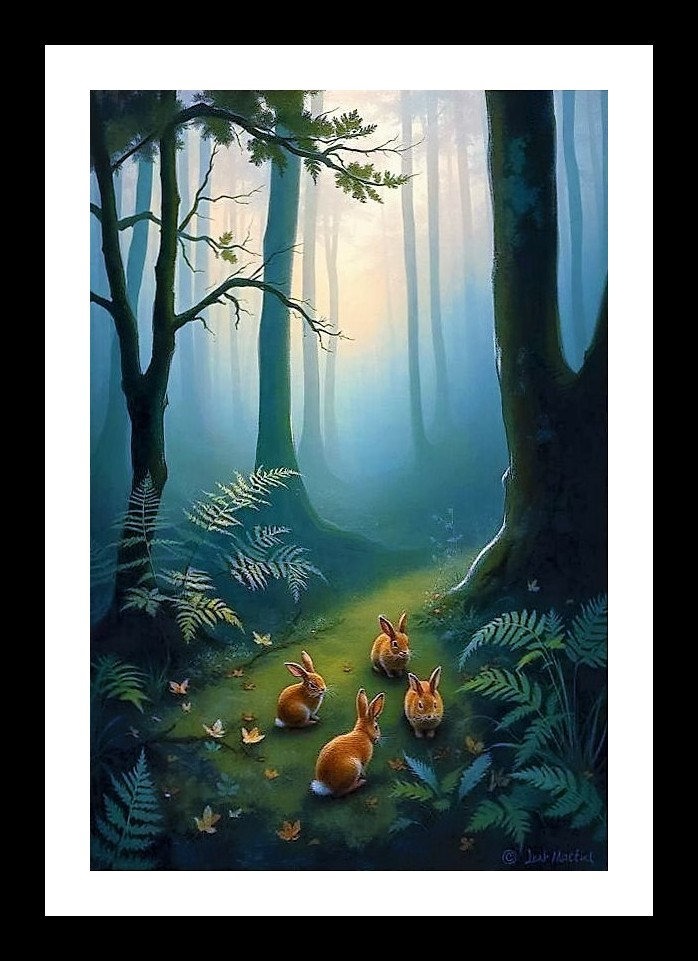 Enchanted Forest Portrait: Rabbits in Misty Autumn Woods Wall Art, Interior Accents, Framing Solutions, Residential/Commercial Decor, Premium Gifts | Size: 8 x 12 inches