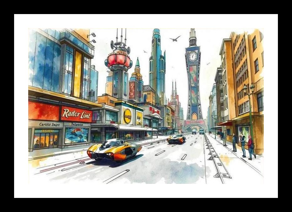 Vibrant Lane Amidst Skyscrapers and a Timeless Clock, Photo Frame With Photo, Wall Hanging Art, Wall Decor, Home Decor, Picture Frame | Size: 8 x 12 inches