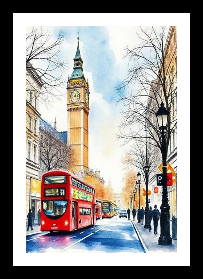 London Bus Big Ben Autumn Day Portrait. Wall Art, Interior Accents, Framing Solutions, Residential/Commercial Decor, Premium Gifts | Size: 8 x 12 inches