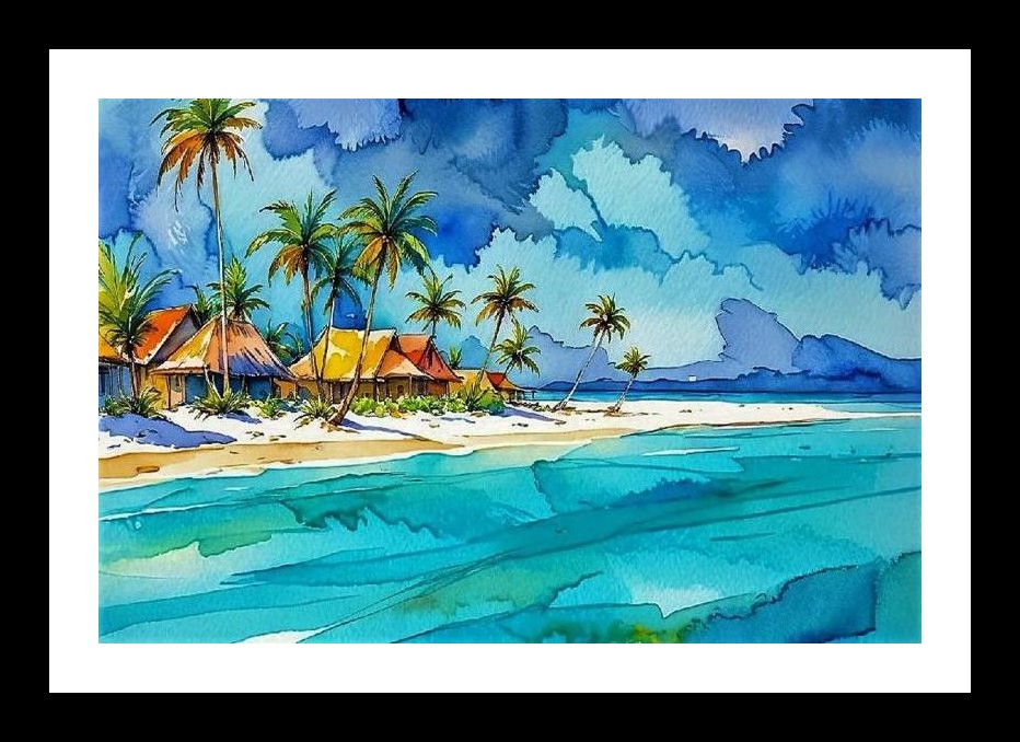 Tropical Beach Huts Paradise Portrait - Vivid Coastal Art. Wall Art, Interior Accents, Framing Solutions, Residential/Commercial Decor, Premium Gifts | Size: 8 x 12 inches