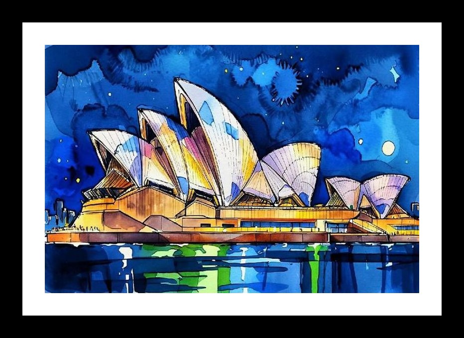 Sydney Opera House at Night: Vibrant Watercolor Portrait. Wall Art, Interior Accents, Framing Solutions, Residential/Commercial Decor, Premium Gifts | Size: 8 x 12 inches