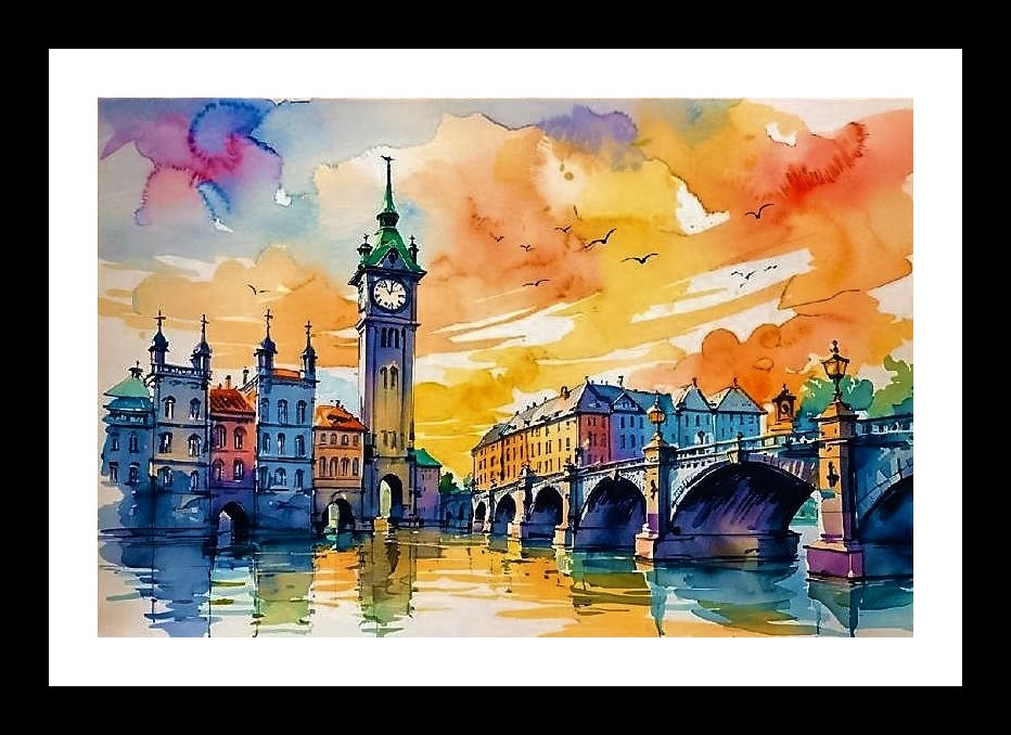 Big Ben Thames Reflections Watercolor Portrait Photo Frame With Photo, Wall Hanging Art, Wall Decor, Home Decor, Picture Frame | Size: 8 x 12 inches