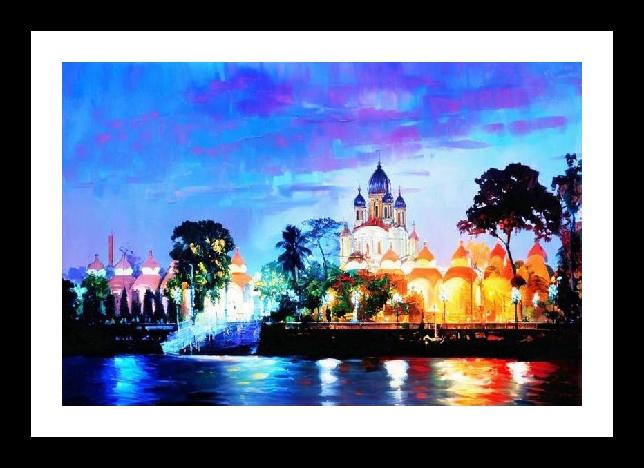 A shimmering cityscape at twilight mirrors on calm waters, featuring Dakshineswar Temple. Wall Art, Interior Accents, Framing Solutions, Premium Gifts | Size: 8 x 12 inches