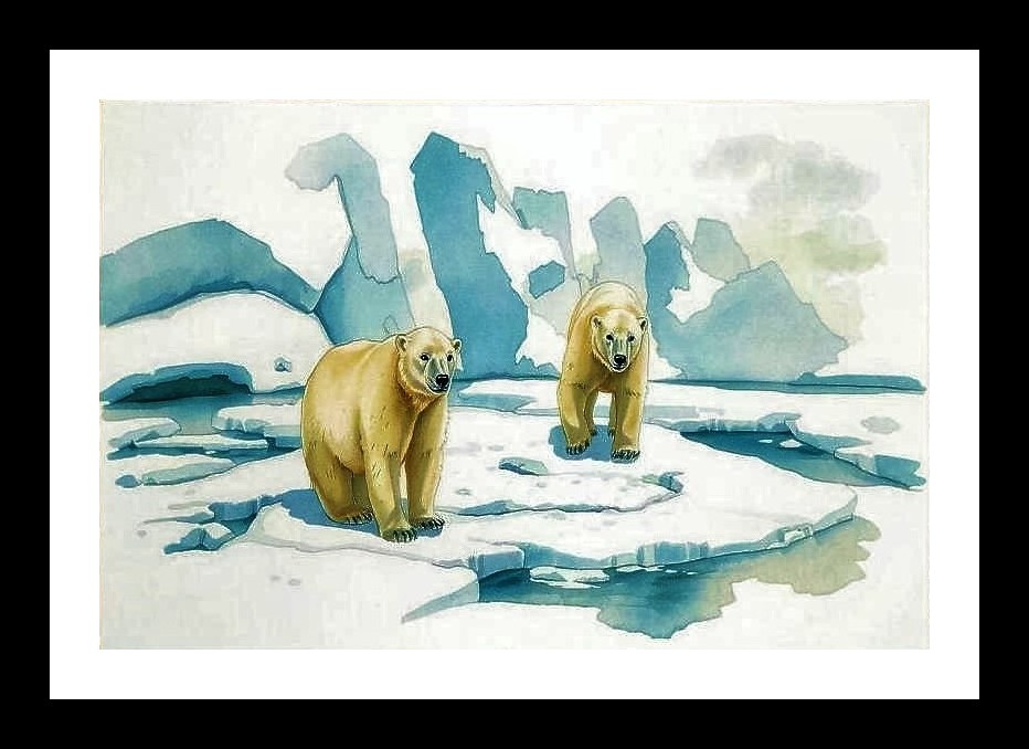Watercolor Polar Bears on Frozen Lake Portrait Photo Frame With Photo, Wall Hanging Art, Wall Decor, Home Decor, Picture Frame | Size: 8 x 12 inches