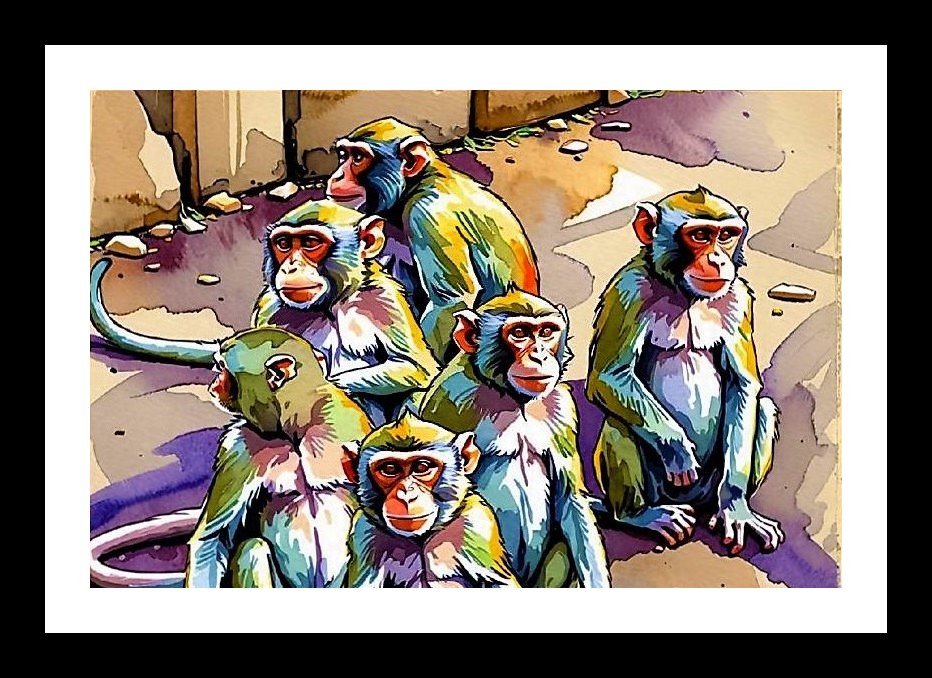 Watercolor Monkey Troop Portrait - Vibrant & Heartwarming. Photo Frame With Photo, Wall Hanging Art, Wall Decor, Home Decor, Picture Frame | Size: 8 x 12 inches