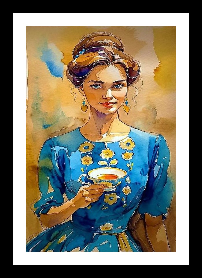 Tea Time Serenity: Lady in Blue Floral Wall Art, Interior Accents, Framing Solutions, Residential/Commercial Decor, Premium Gifts | Size: 8 x 12 inches