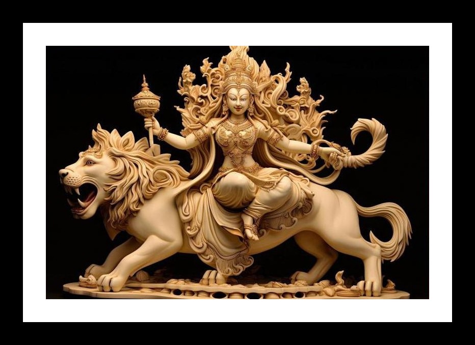 Durga on Lion: Exquisite Ivory Carving Art Wall Art, Interior Accents, Framing Solutions, Residential/Commercial Decor, Premium Gifts | Size: 8 x 12 inches