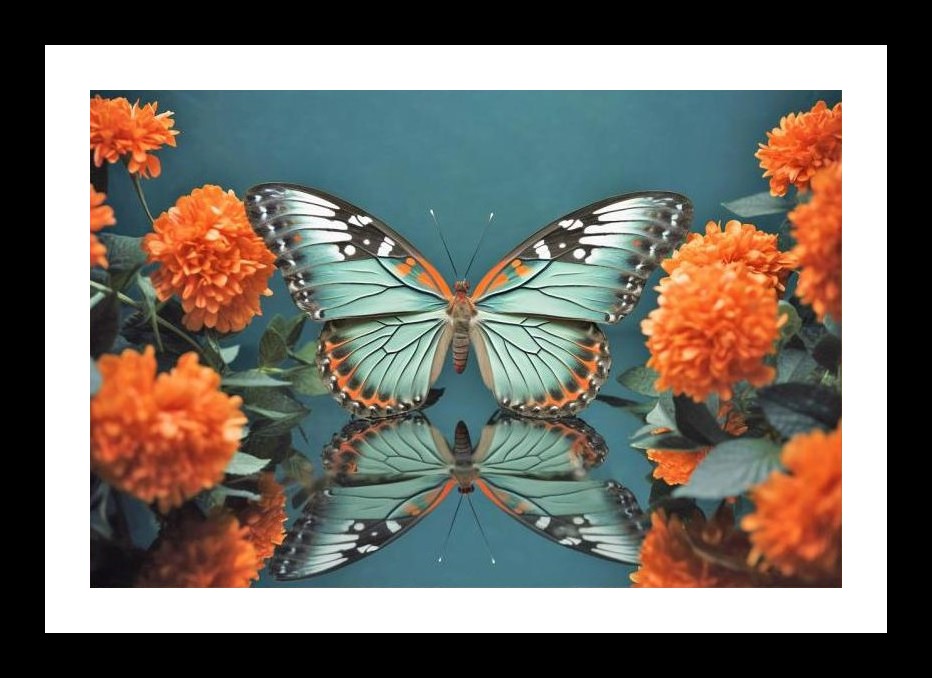 Teal Butterfly Reflection in Orange Bloom: Serene Beauty. Wall Art, Interior Accents, Framing Solutions, Residential/Commercial Decor, Premium Gifts | Size: 8 x 12 inches