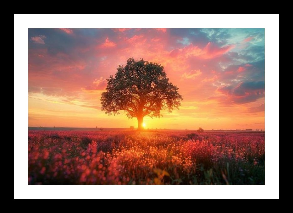 Sunset Silhouette: Lone Tree & Wildflowers Wall Art, Interior Accents, Framing Solutions, Residential/Commercial Decor, Premium Gifts | Size: 8 x 12 inches