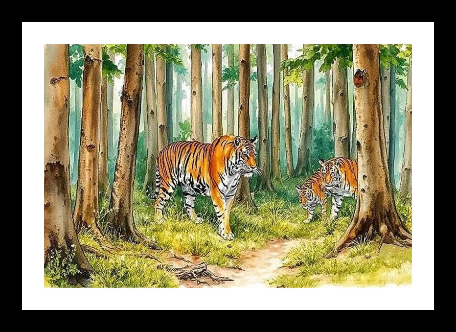 Majestic Tiger Family Forest Portrait Wall Art, Interior Accents, Framing Solutions, Residential/Commercial Decor, Premium Gifts | Size: 8 x 12 inches