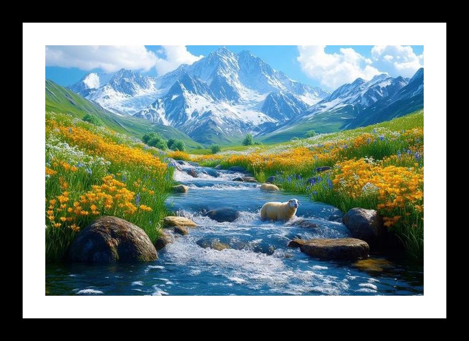 Lone Sheep in Wildflower Meadow: Mountain Majesty Wall Art, Interior Accents, Framing Solutions, Residential/Commercial Decor, Premium Gifts | Size: 8 x 12 inches