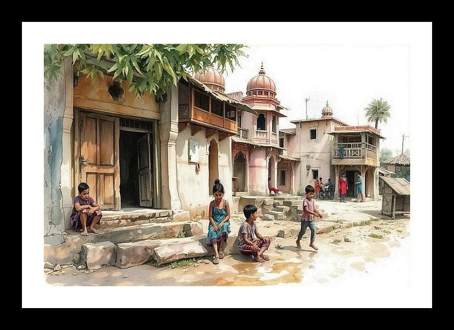 Sunlit Laughter: Children at Play in Village Square Photo Frame With Photo, Wall Hanging Art, Wall Decor, Home Decor, Picture Frame | Size: 8 x 12 inches