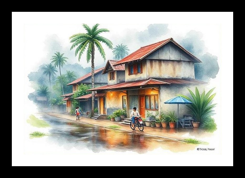 Rain-Kissed Village: Watercolor Serenity. Wall Art, Interior Accents, Framing Solutions, Residential/Commercial Decor, Premium Gifts | Size: 8 x 12 inches