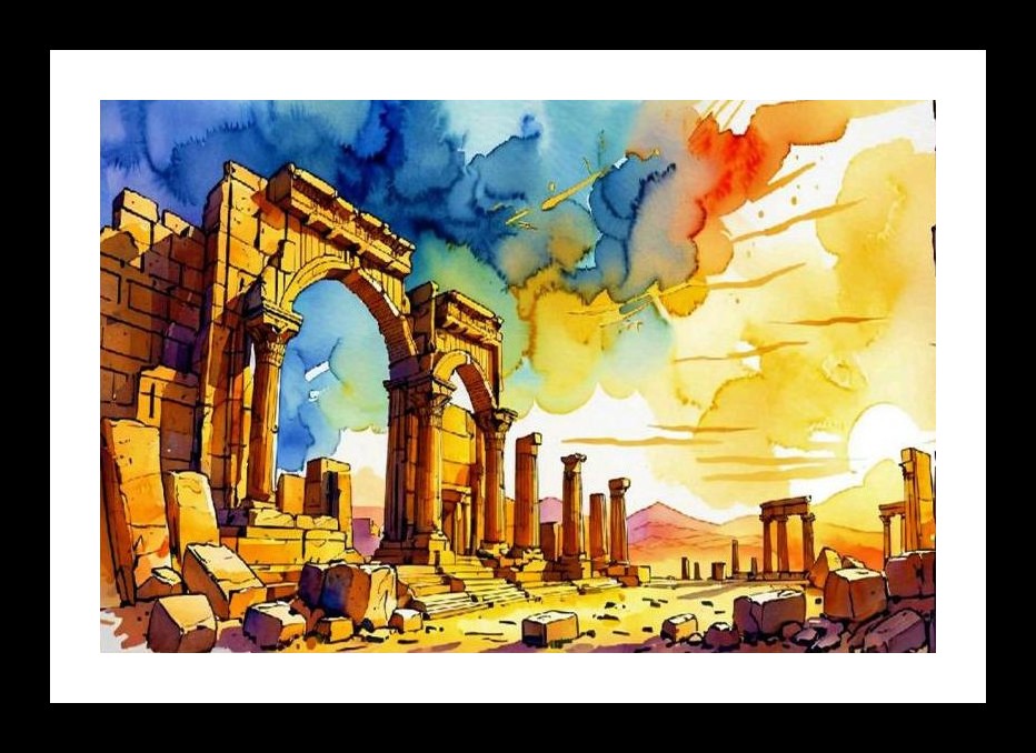 Sunset Ruins Portrait: Golden Glow Art. Wall Art, Interior Accents, Framing Solutions, Residential/Commercial Decor, Premium Gifts | Size: 8 x 12 inches