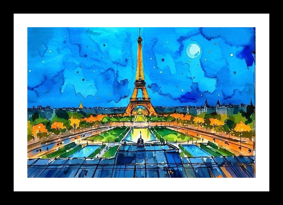 Eiffel Tower Night Watercolor: Starry Sky, Moonlit Glow Wall Art, Interior Accents, Framing Solutions, Residential/Commercial Decor, Premium Gifts | Size: 8 x 12 inches