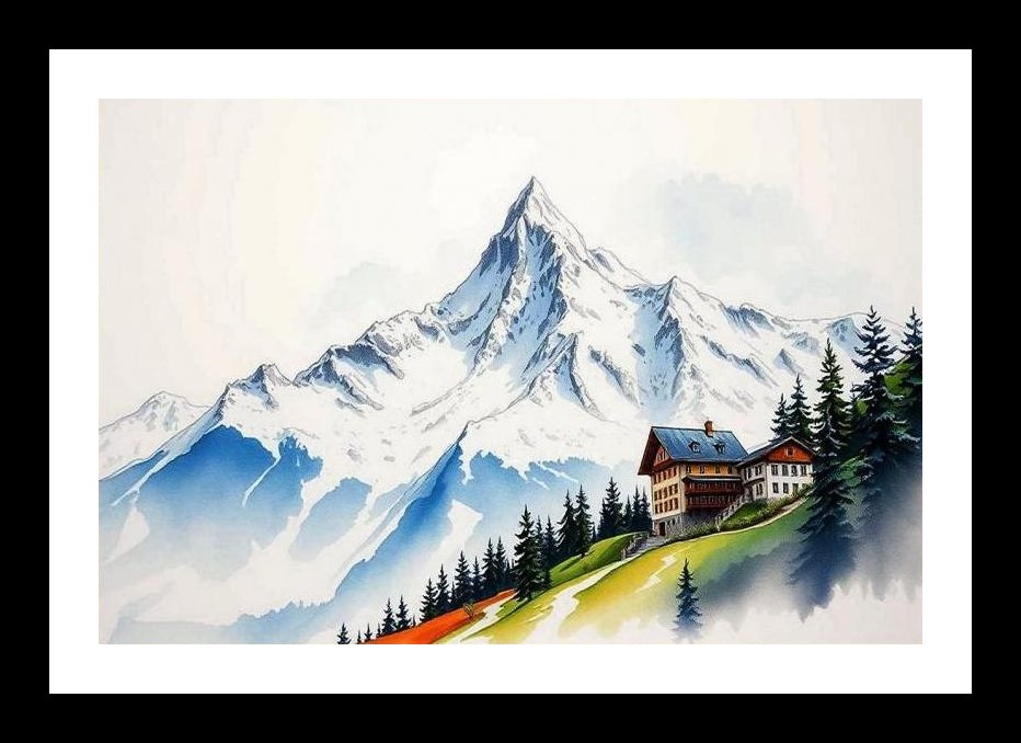 Alpine Chalet Portrait: Verdant Valley, Snowy Peak. Wall Art, Interior Accents, Framing Solutions, Residential/Commercial Decor, Premium Gifts | Size: 8 x 12 inches