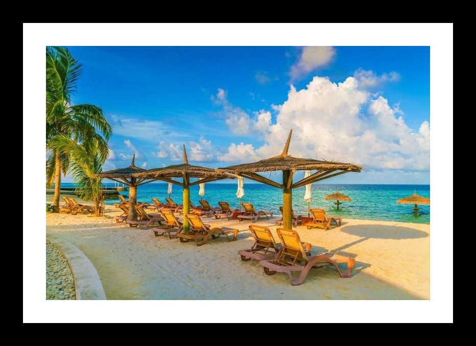 Beachfront Bliss: Thatched Umbrellas at Sunset. Wall Art, Interior Accents, Framing Solutions, Residential/Commercial Decor, Premium Gifts | Size: 8 x 12 inches