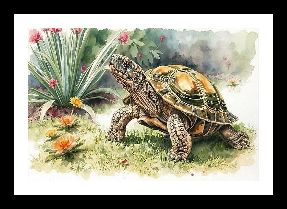 Watercolor Tortoise in Garden Photo Frame With Photo, Wall Hanging Art, Wall Decor, Home Decor, Picture Frame | Size: 8 x 12 inches