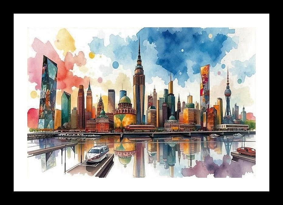 Futuristic Cityscape Watercolor Portrait: Modern Skyline Art Photo Frame With Photo, Wall Hanging Art, Wall Decor, Home Decor, Picture Frame | Size: 8 x 12 inches