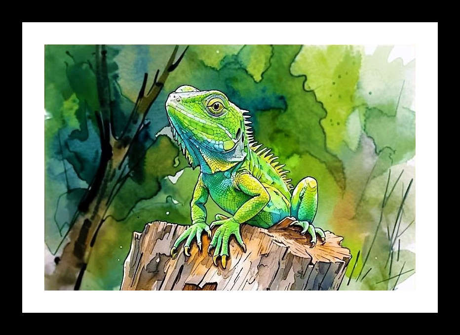 Emerald Lizard Sunbath Portrait - Rustic Charm Photo Frame With Photo, Wall Hanging Art, Wall Decor, Home Decor, Picture Frame | Size: 8 x 12 inches