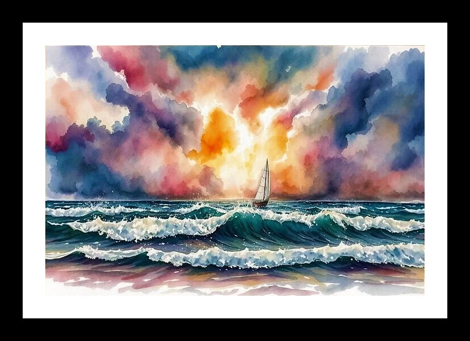 Enigmatic Watercolour: Tranquil Sailboat Weathers Tumultuous Sea Currents, Photo Frame With Photo, Wall Hanging Art, Wall Decor, Home Decor, Picture Frame | Size: 8 x 12 inches