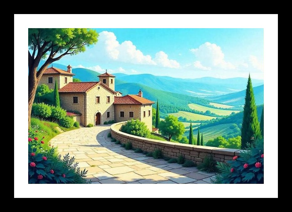 Stone Villa Vista: Serene Landscape Portrait. Wall Art, Interior Accents, Framing Solutions, Residential/Commercial Decor, Premium Gifts | Size: 8 x 12 inches