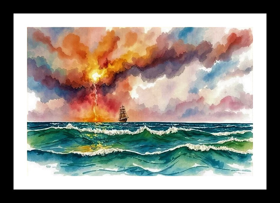 Watercolor Lightning Over Rough Sea Sailboat Portrait Wall Art, Interior Accents, Framing Solutions, Residential/Commercial Decor, Premium Gifts | Size: 8 x 12 inches
