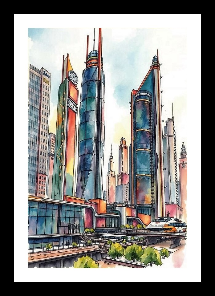 Watercolor Cityscape Skyline Portrait - Modern Wall Art. Photo Frame With Photo, Wall Hanging Art, Wall Decor, Home Decor, Picture Frame | Size: 8 x 12 inches