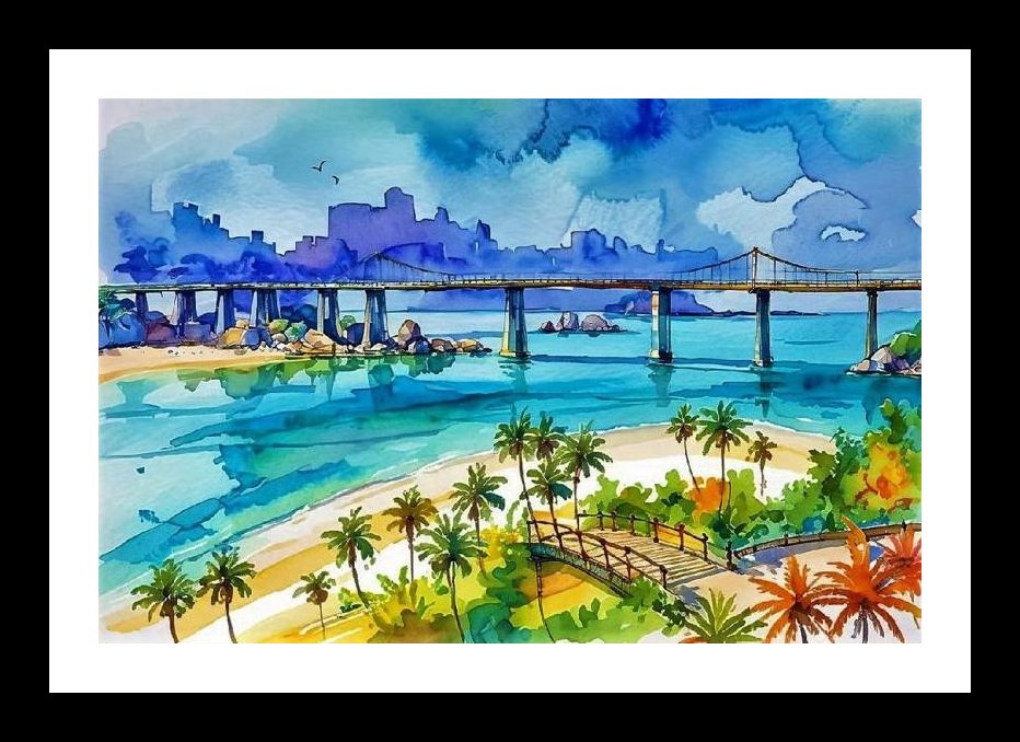 Tropical Beach Watercolor: City Bridge View Wall Art, Interior Accents, Framing Solutions, Residential/Commercial Decor, Premium Gifts | Size: 8 x 12 inches