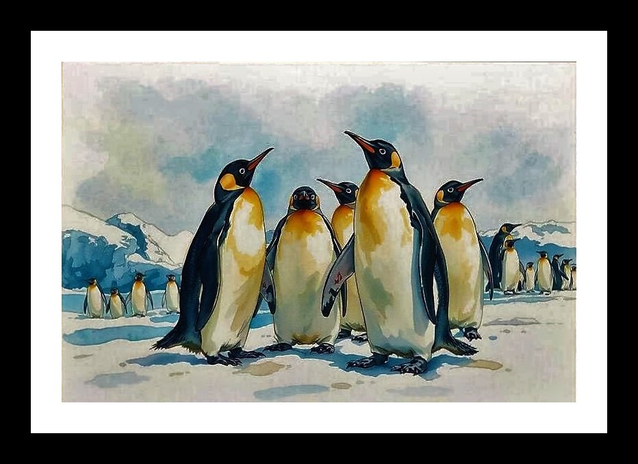 Penguin Watercolor Portrait: Polar Ice Mountains Art. Photo Frame With Photo, Wall Hanging Art, Wall Decor, Home Decor, Picture Frame | Size: 8 x 12 inches