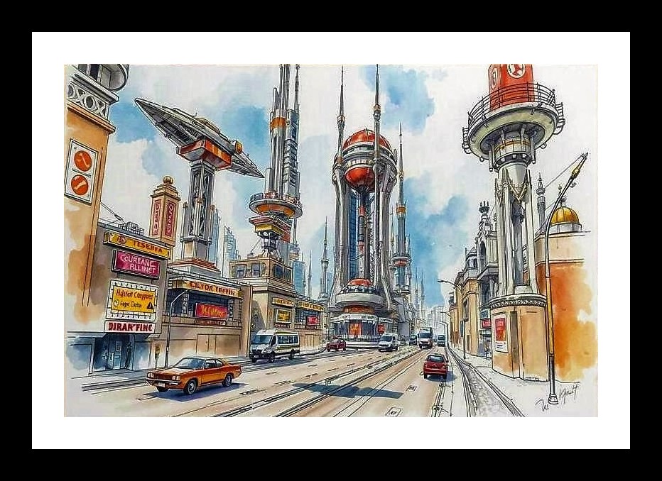 Futuristic Cityscape Watercolor Portrait - Striking Next-Gen Road Scene Wall Art, Interior Accents, Framing Solutions, Residential/Commercial Decor, Premium Gifts | Size: 8 x 12 inches