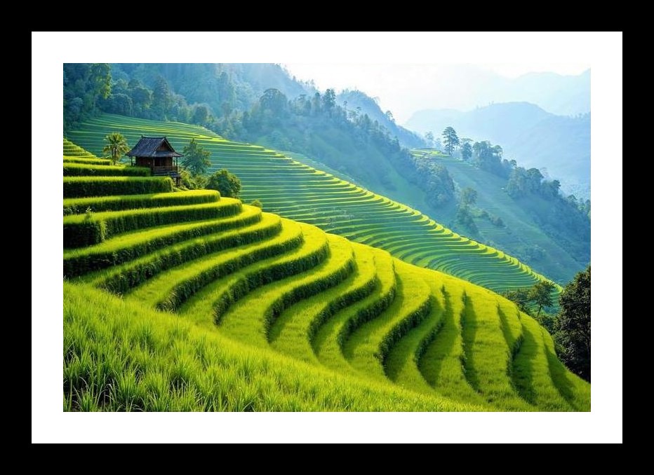 Serene Rice Terraces: Lush Green Hillside & Tiny House Wall Art, Interior Accents, Framing Solutions, Residential/Commercial Decor, Premium Gifts | Size: 8 x 12 inches
