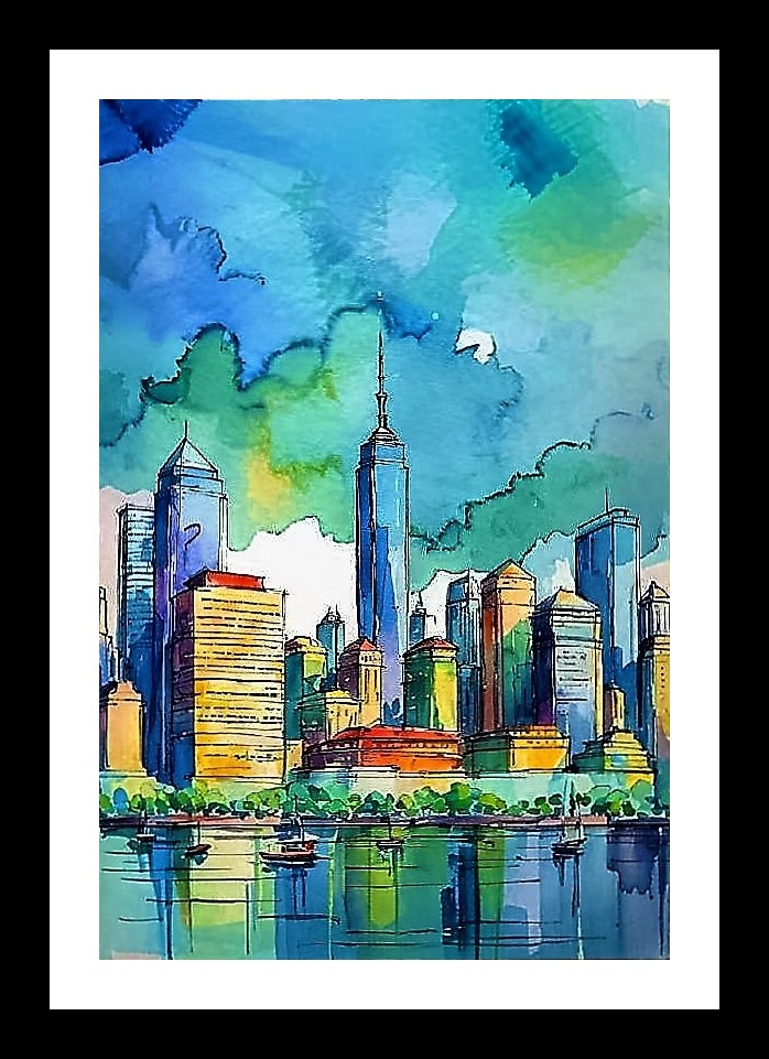 Watercolor Cityscape Reflection Art - Dreamy Skyline. Wall Art, Interior Accents, Framing Solutions, Residential/Commercial Decor, Premium Gifts | Size: 8 x 12 inches