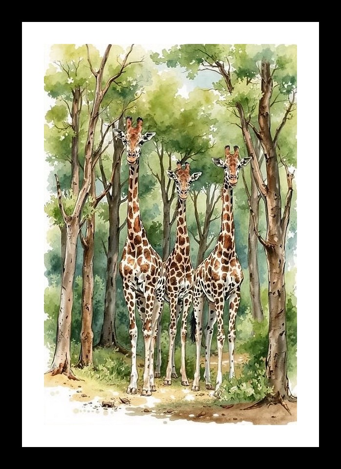 Watercolor Giraffe Herd in Jungle Portrait - Vibrant Wall Art Photo Frame With Photo, Wall Hanging Art, Wall Decor, Home Decor, Picture Frame | Size: 8 x 12 inches