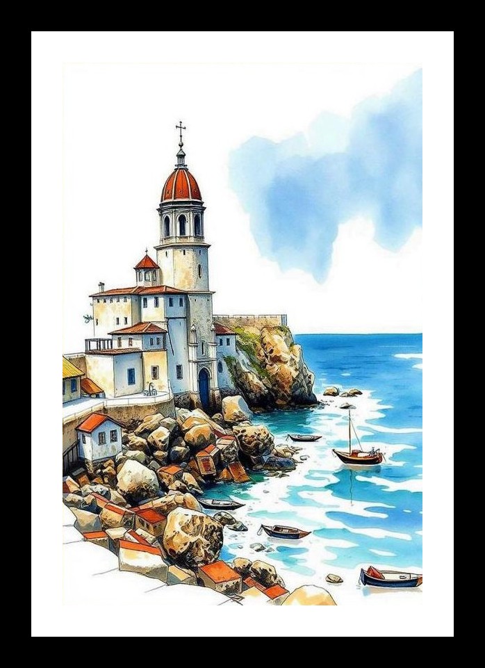 Coastal Monastery Cliffside Print - Serene Seaside Sanctuary Wall Art, Interior Accents, Framing Solutions, Residential/Commercial Decor, Premium Gifts | Size: 8 x 12 inches