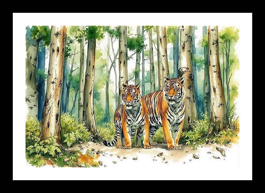 Majestic Tigers Portrait in Lush Forest Photo Frame With Photo, Wall Hanging Art, Wall Decor, Home Decor, Picture Frame | Size: 8 x 12 inches