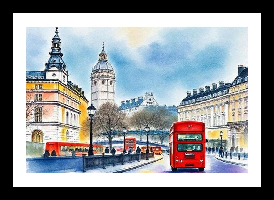 London Street Scene: Red Buses Under Soft Sky. Wall Art, Interior Accents, Framing Solutions, Residential/Commercial Decor, Premium Gifts | Size: 8 x 12 inches
