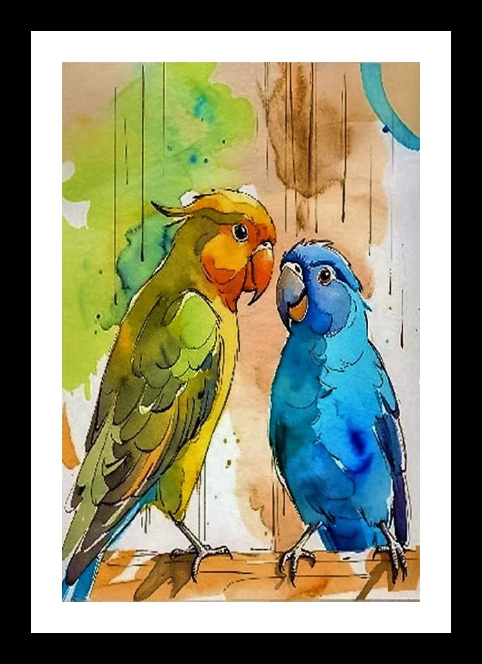 Vibrant Parrot Pair: Watercolor Portrait Wall Art, Interior Accents, Framing Solutions, Residential/Commercial Decor, Premium Gifts | Size: 8 x 12 inches