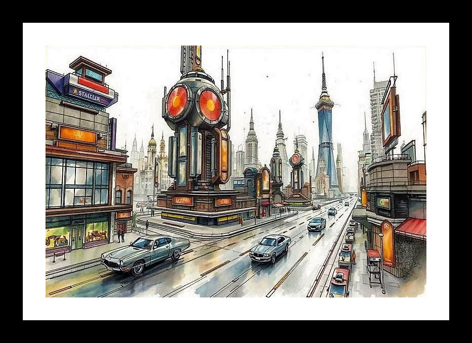 Futuristic Cityscape Portrait: Retro-Modern Urban Architecture Illustration Wall Art, Interior Accents, Framing Solutions, Residential/Commercial Decor, Premium Gifts | Size: 8 x 12 inches