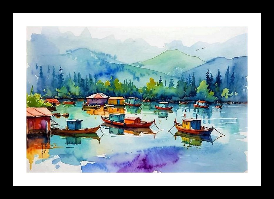 Serene Houseboat Lake: Watercolor Dreamscape. Wall Art, Interior Accents, Framing Solutions, Residential/Commercial Decor, Premium Gifts | Size: 8 x 12 inches