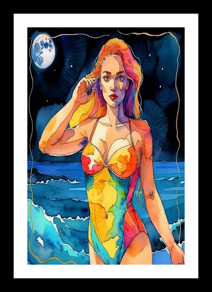 Moonlit Swim: Watercolor Woman Portrait Wall Art, Interior Accents, Framing Solutions, Residential/Commercial Decor, Premium Gifts | Size: 8 x 12 inches