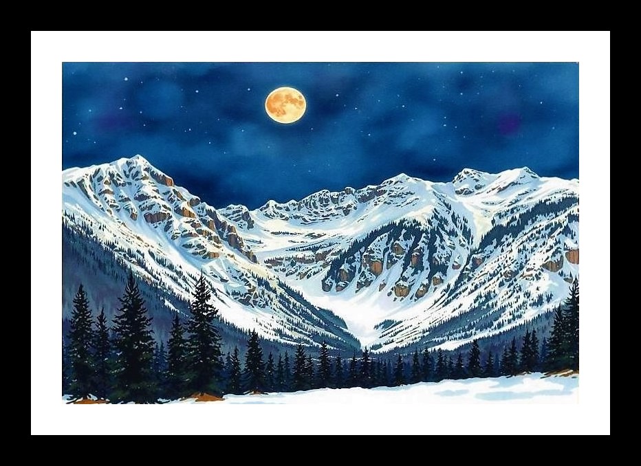 Lunar Majesty: Snow Peaks & Evergreen Forest Canvas Print Wall Art, Interior Accents, Framing Solutions, Residential/Commercial Decor, Premium Gifts | Size: 8 x 12 inches