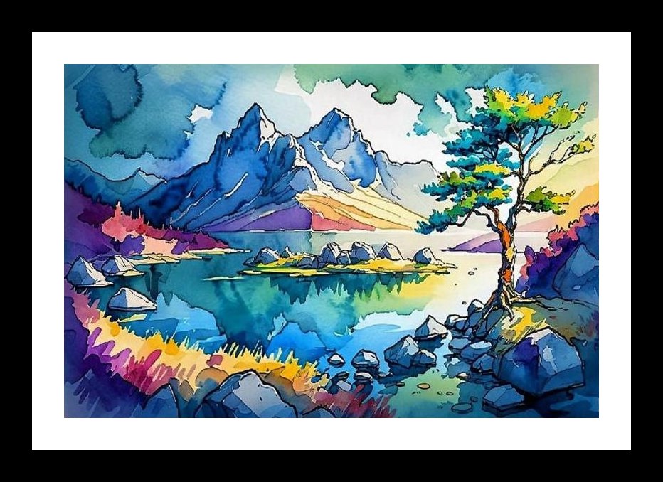 Serene Mountain Lake Watercolor Portrait - Vibrant Wall Art, Interior Accents, Framing Solutions, Residential/Commercial Decor, Premium Gifts | Size: 8 x 12 inches