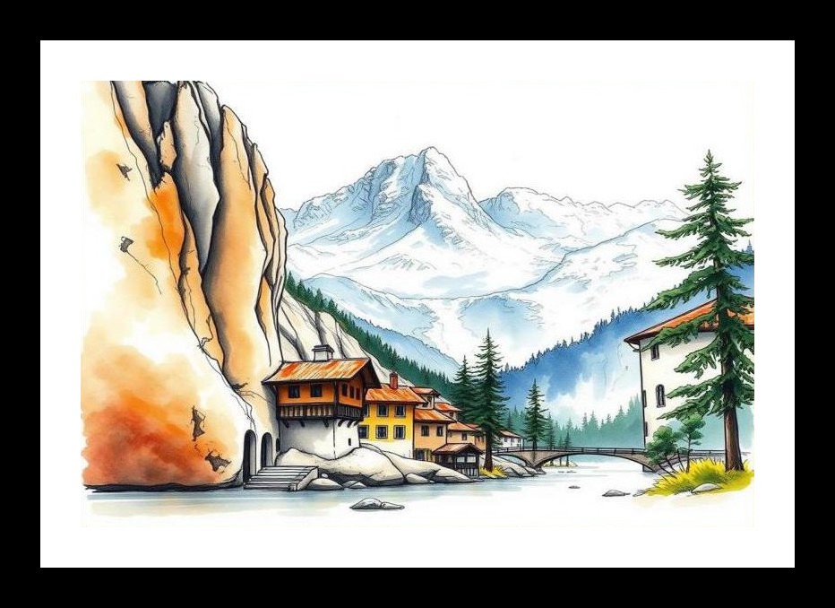 Alpine Village Majesty: Serene Mountain River Scene. Wall Art, Interior Accents, Framing Solutions, Residential/Commercial Decor, Premium Gifts | Size: 8 x 12 inches