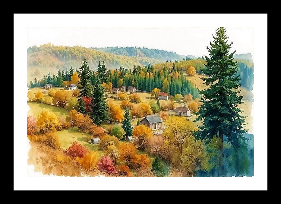 Autumn Village Portrait: Vibrant Forest Scene Wall Art, Interior Accents, Framing Solutions, Residential/Commercial Decor, Premium Gifts | Size: 8 x 12 inches