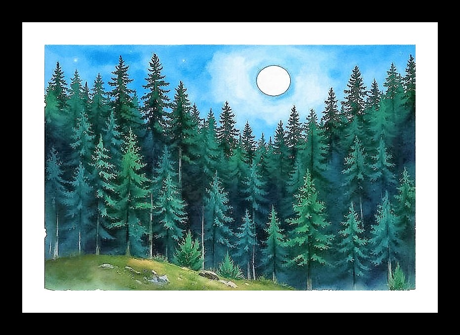 Moonlit Evergreen Serenity - Framed Art Photo Frame With Photo, Wall Hanging Art, Wall Decor, Home Decor, Picture Frame | Size: 8 x 12 inches