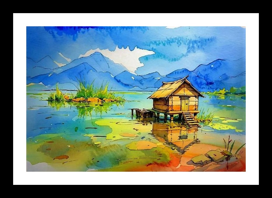 Serene Lakeside Hut Portrait: Vibrant Mountain Landscape Wall Art, Interior Accents, Framing Solutions, Residential/Commercial Decor, Premium Gifts | Size: 8 x 12 inches