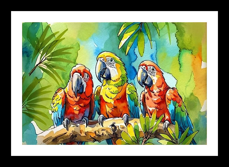 Tropical Macaw Trio Portrait: Vibrant Wall Art. Photo Frame With Photo, Wall Hanging Art, Wall Decor, Home Decor, Picture Frame | Size: 8 x 12 inches