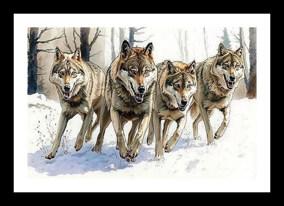 Wolves in Winter: Snowy Forest Stride Portrait Wall Art, Interior Accents, Framing Solutions, Residential/Commercial Decor, Premium Gifts | Size: 8 x 12 inches